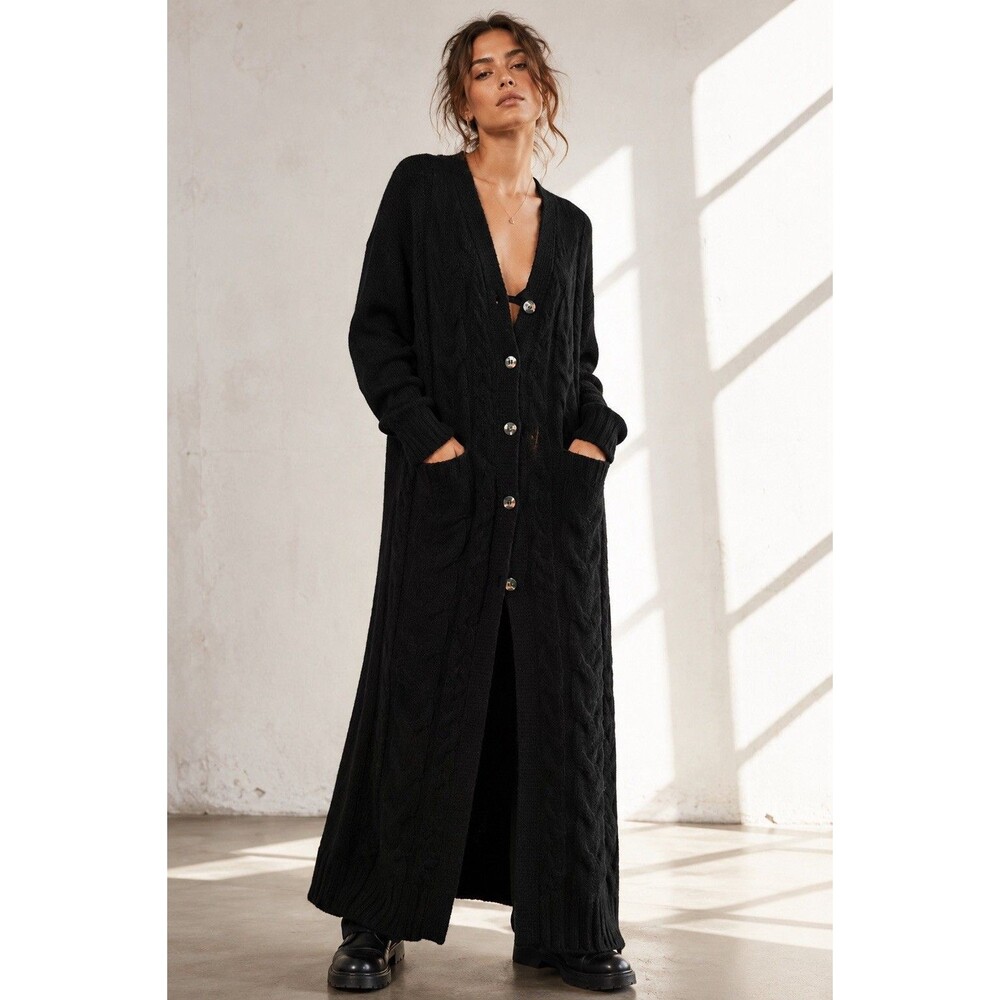 Chaser Anthropologie Black Cable Knit Maxi Cardigan Sweater Coat Small Longline
